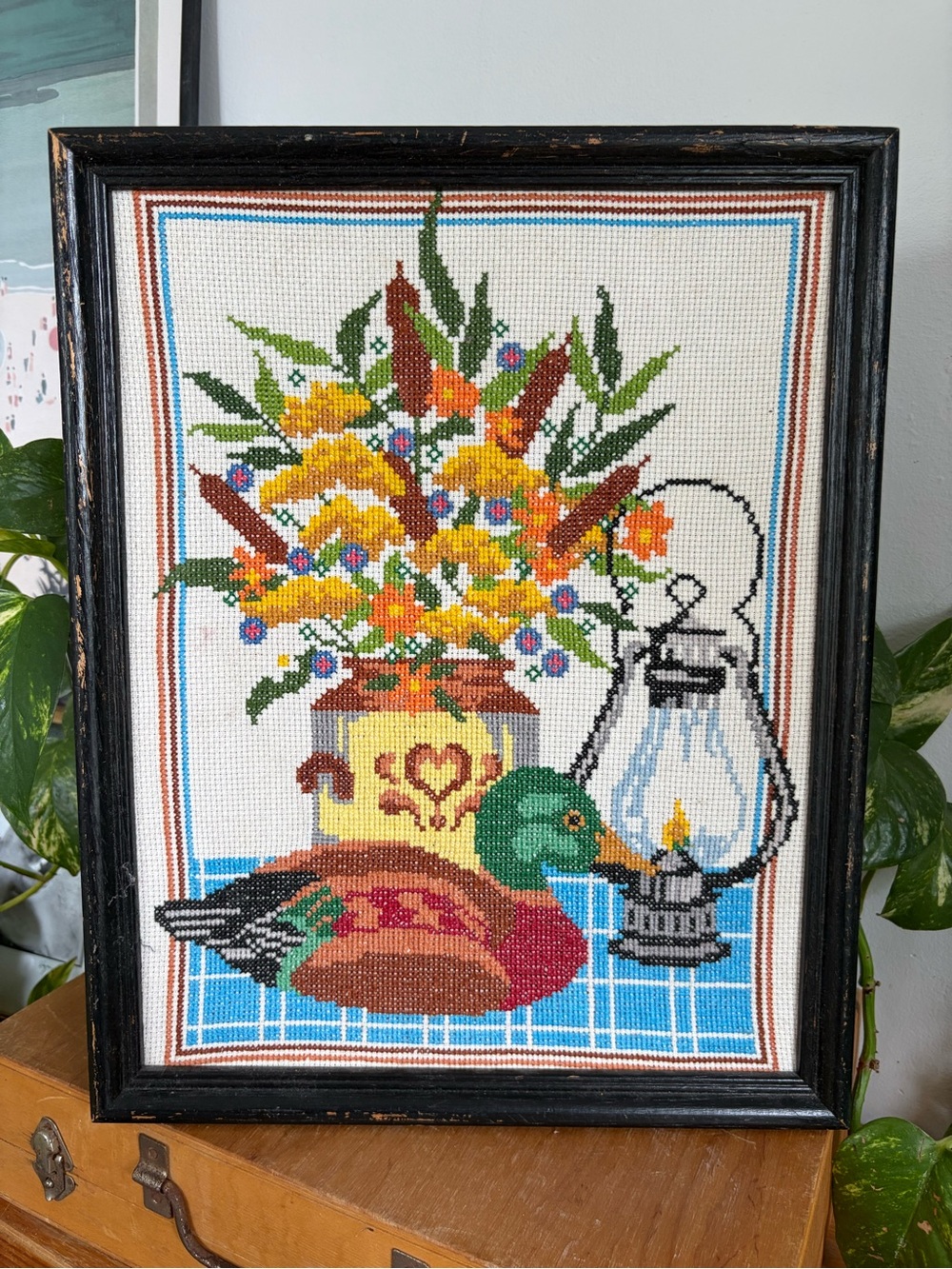 Vintage Handmade Embroidered Still Life with Mallard Duck and Lantern
